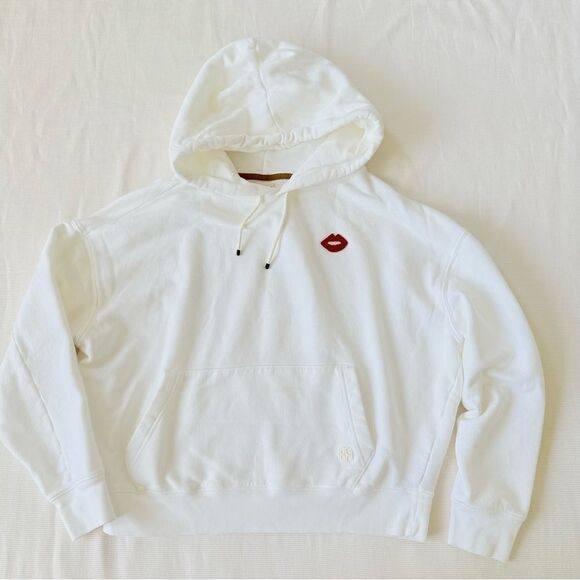 Tory Burch Sport Womens Hoodie Sweatshirt White Longsleeve Lips Casual Cotton XS